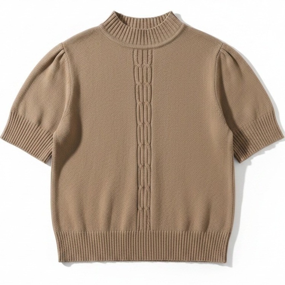 TanJay Mock Neck Short Sleeve Cable Knit Sweater Brown, Women's Large, B46192745